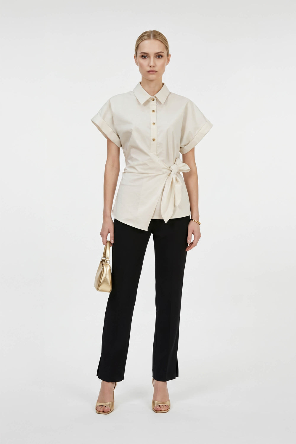 Begonia Knot-Detail Asymmetric Short-Sleeve Shirt 554297 BEI - Reina Diaz