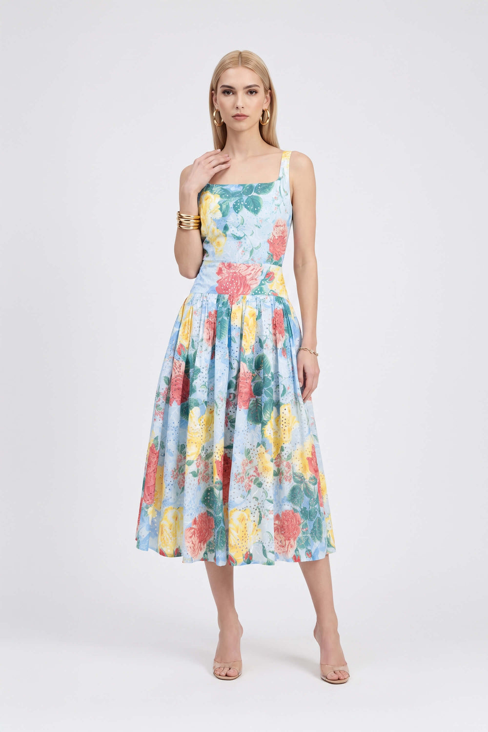 Berenice Square-Neck Floral Midi Vestido 723121 AZU - Reina Diaz