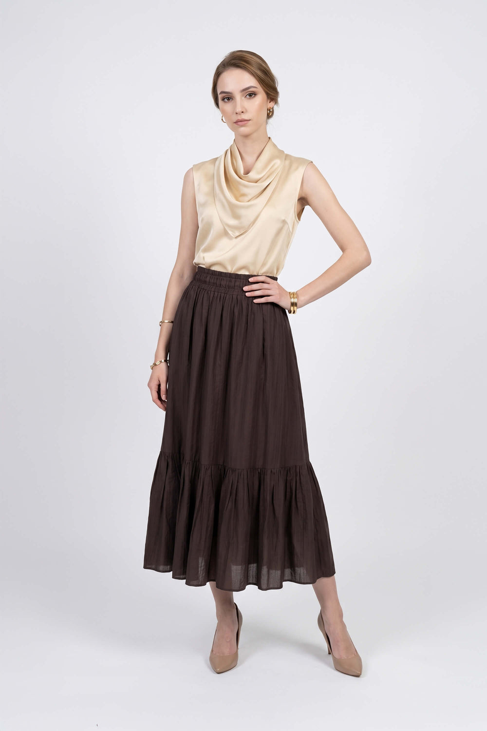 Berenice Tiered Elastic-Waist Maxi Falda 740933 CHO - Reina Diaz