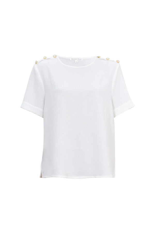 Bianca Shoulder-Button Short-Sleeve Blusa 554322 - Reina Diaz