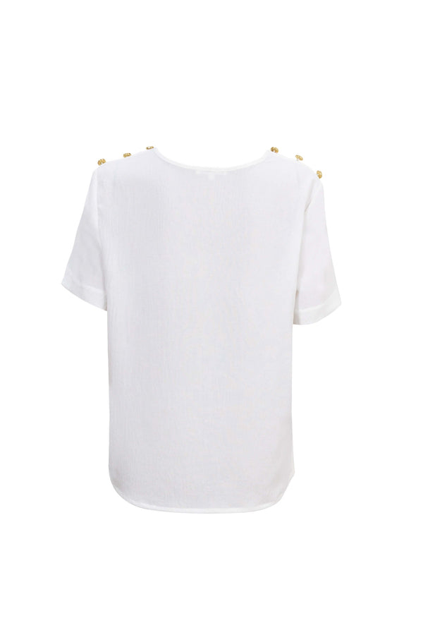 Bianca Shoulder-Button Short-Sleeve Blusa 554322 B - Reina Diaz