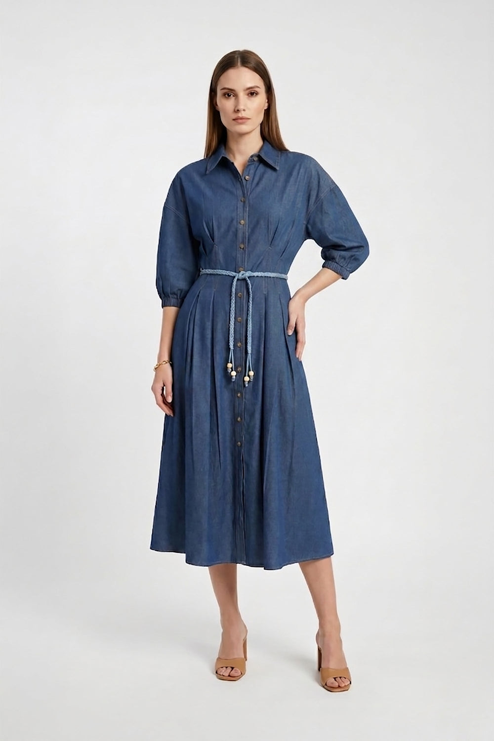 Bianca Tassel-Belted Denim Midi Shirt Dress - Reina Diaz