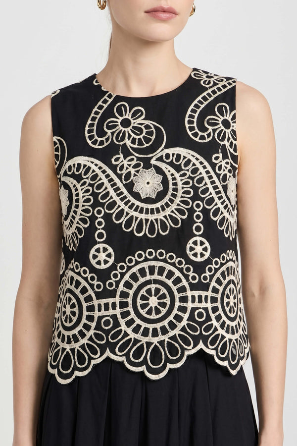 Brindisi Yellow Paisley Eyelet Cotton Shell Top - Reina Diaz