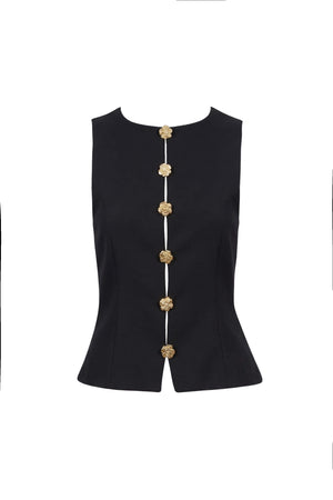 Camila Gold Flower Button Chaleco Top 501558 NEG - Reina Diaz
