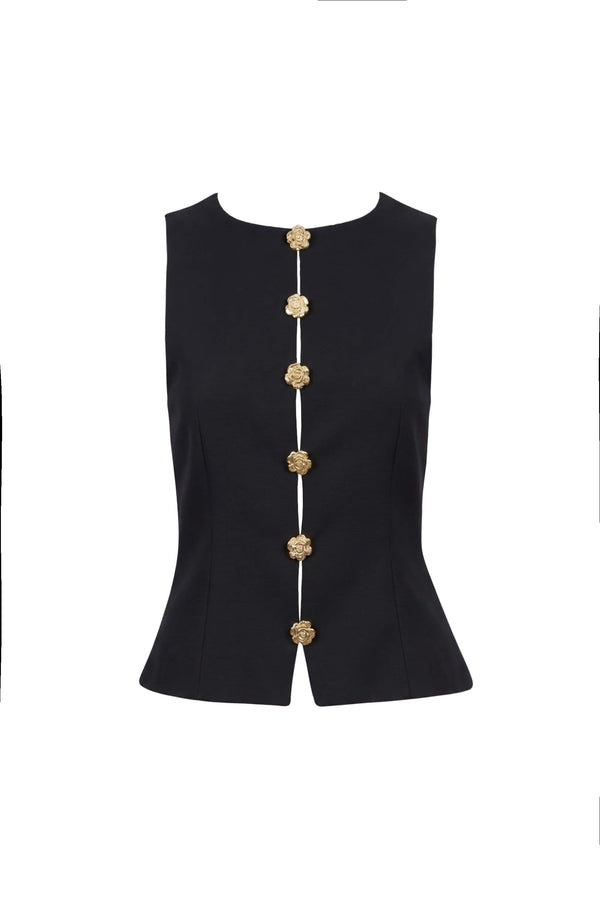 Camila Gold Flower Button Chaleco Top 501558 NEG - Reina Diaz