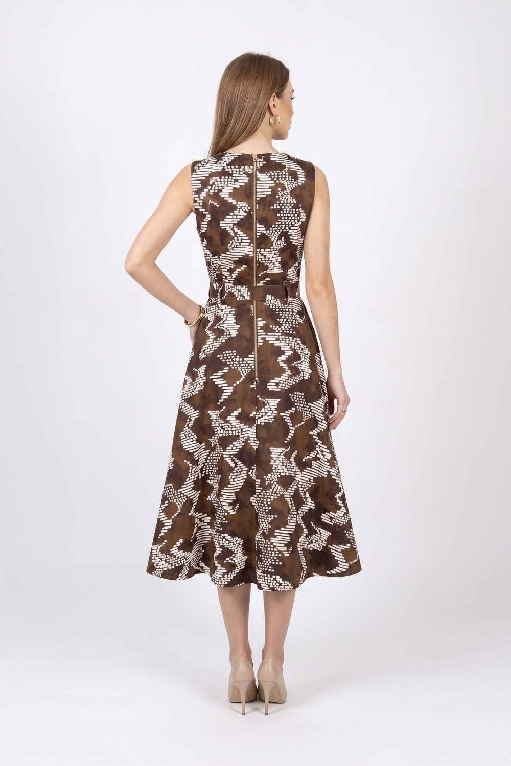 Camila Printed Belted Asymmetric Midi Vestido 723104 CAF - Reina Diaz
