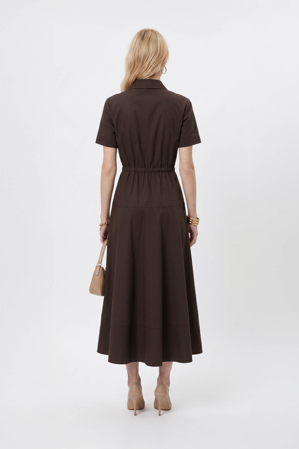 Carlota Belted Short Sleeve Midi Vestido 526301 CAF - Reina Diaz