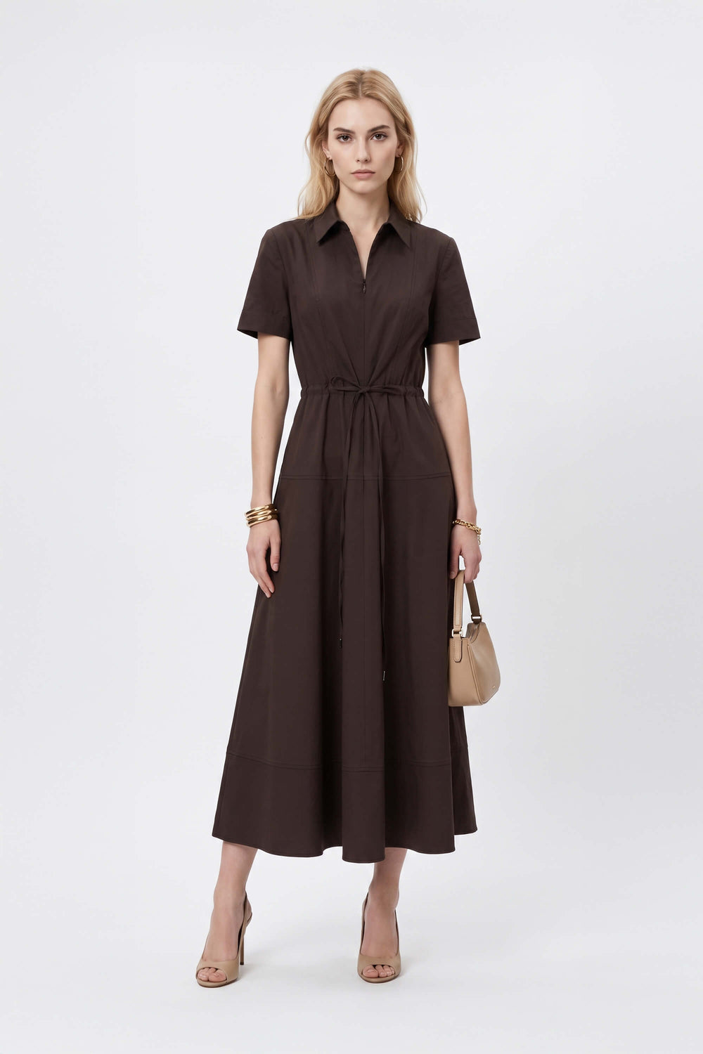 Carlota Belted Short Sleeve Midi Vestido 526301 CAF - Reina Diaz