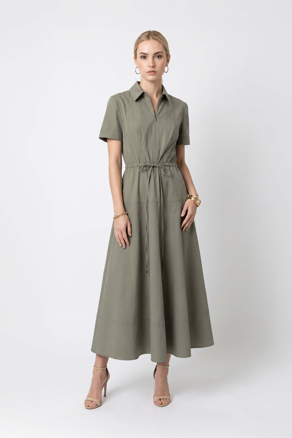 Carlota Belted Short Sleeve Midi Vestido 526301 OLI - Reina Diaz