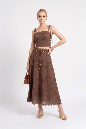 Cassandra Eyelet Beaded Midi Falda 740978 CAF - Reina Diaz