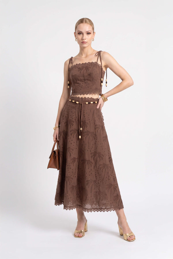 Cassandra Eyelet Beaded Midi Falda 740978 CAF - Reina Diaz