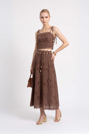 Cassandra Eyelet Beaded Midi Falda 740978 CAF - Reina Diaz