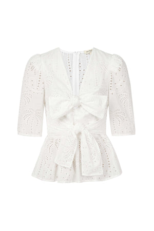 Cassandra Eyelet Double-Tie Peplum Blusa 752937 HUE - Reina Diaz