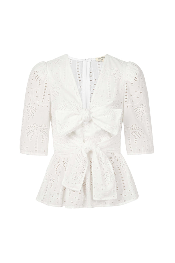Cassandra Eyelet Double-Tie Peplum Blusa 752937 HUE - Reina Diaz