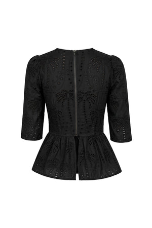 Cassandra Eyelet Double-Tie Peplum Blusa 752937 NEG - Reina Diaz