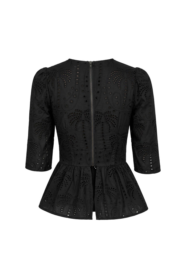 Cassandra Eyelet Double-Tie Peplum Blusa 752937 NEG - Reina Diaz