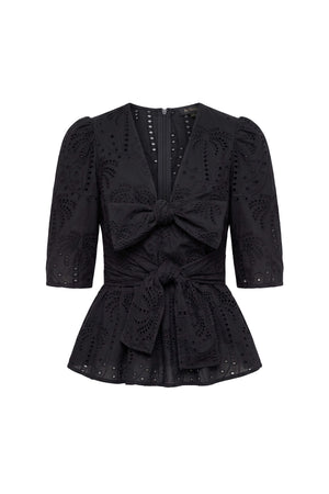 Cassandra Eyelet Double-Tie Peplum Blusa 752937 NEG - Reina Diaz