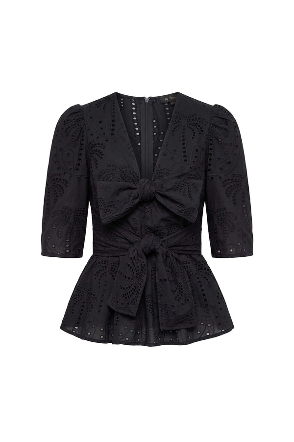 Cassandra Eyelet Double-Tie Peplum Blusa 752937 NEG - Reina Diaz