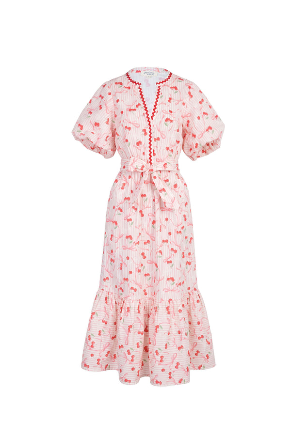 Cassandra Fruit Printed Belted Midi Vestido 723178 CER - Reina Diaz