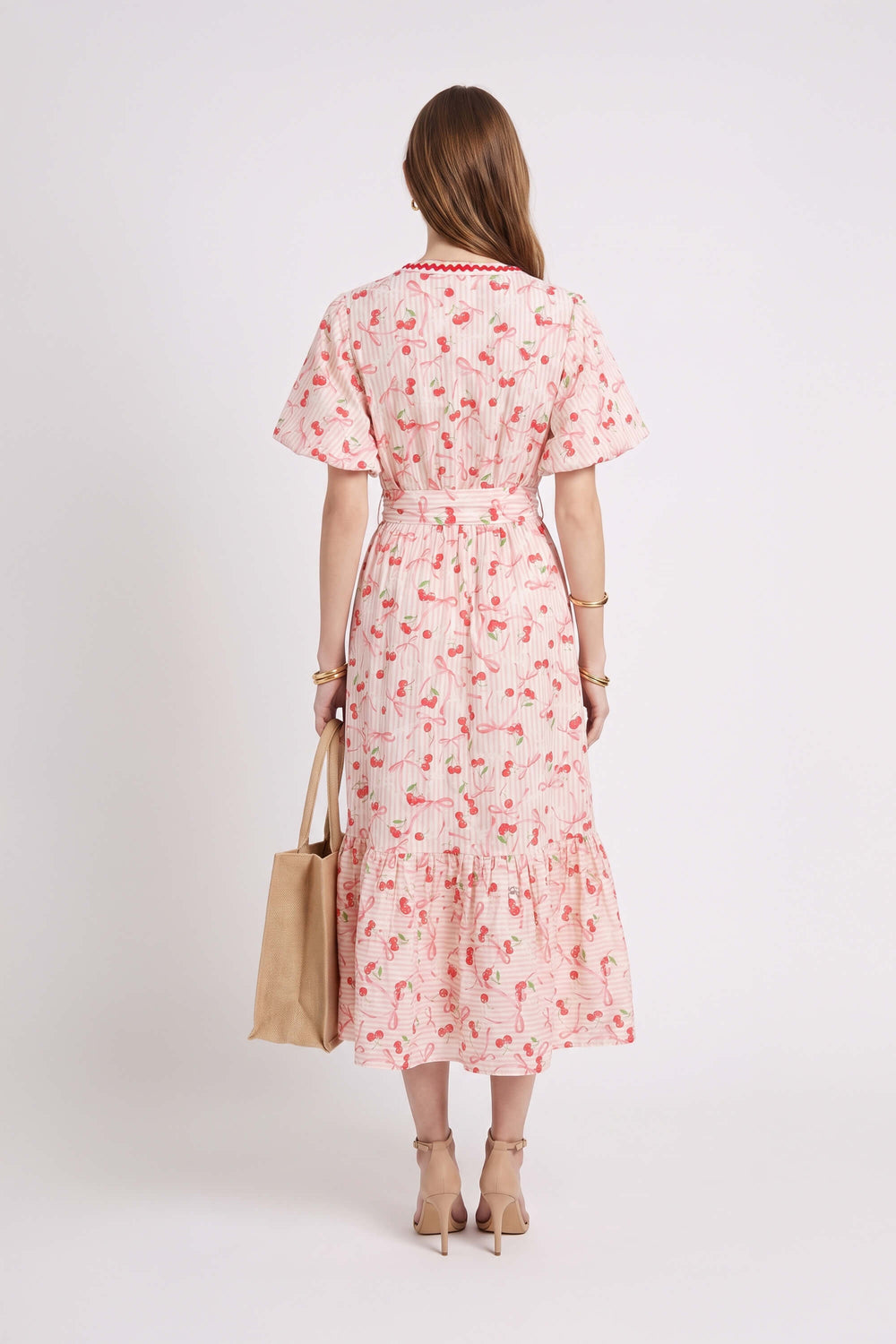 Cassandra Fruit Printed Belted Midi Vestido 723178 CER - Reina Diaz