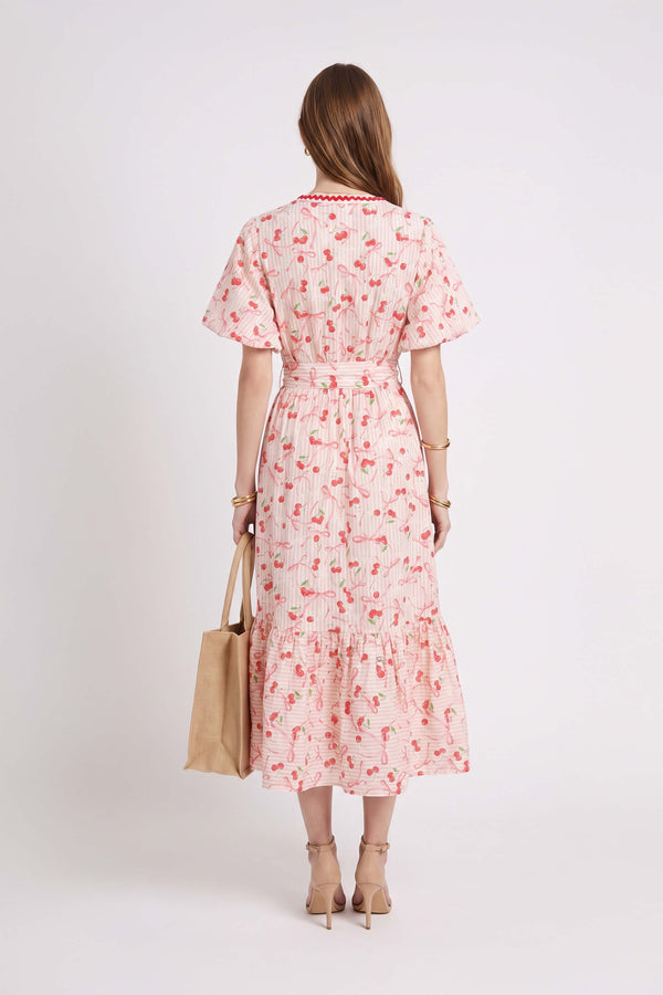 Cassandra Fruit Printed Belted Midi Vestido 723178 CER - Reina Diaz