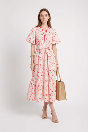 Cassandra Fruit Printed Belted Midi Vestido 723178 CER - Reina Diaz