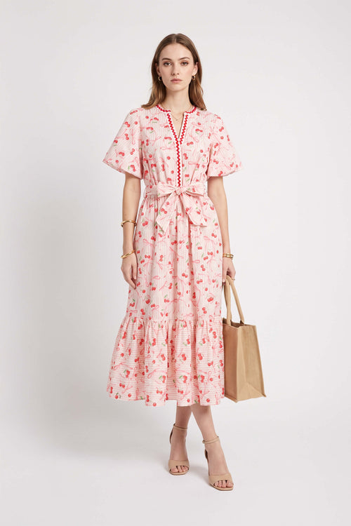 Cassandra Fruit Printed Belted Midi Vestido 723178 CER - Reina Diaz