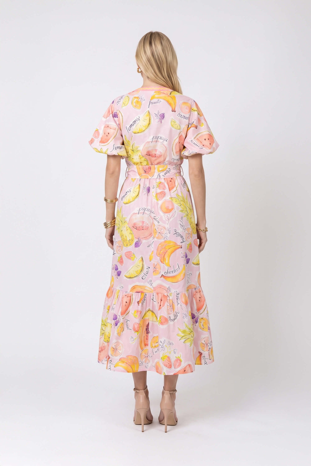 Cassandra Fruit Printed Belted Midi Vestido 723178 EST - Reina Diaz