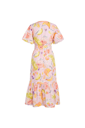 Cassandra Fruit Printed Belted Midi Vestido 723178 EST - Reina Diaz