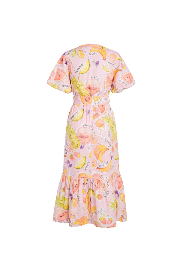 Cassandra Fruit Printed Belted Midi Vestido 723178 EST - Reina Diaz