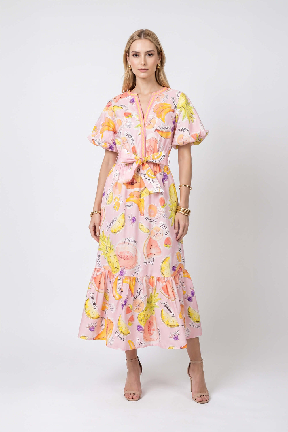 Cassandra Fruit Printed Belted Midi Vestido 723178 EST - Reina Diaz