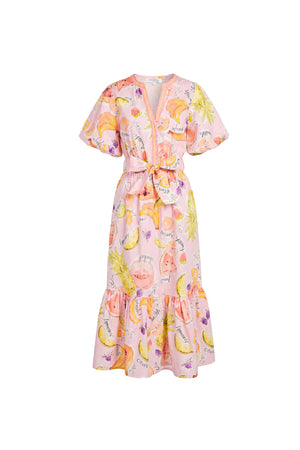 Cassandra Fruit Printed Belted Midi Vestido 723178 EST - Reina Diaz
