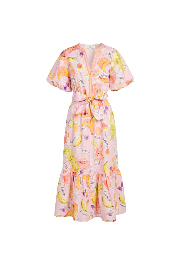 Cassandra Fruit Printed Belted Midi Vestido 723178 EST - Reina Diaz