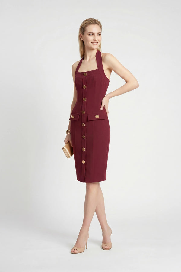 Cassandra Halter Buttoned Bodycon Dress - Reina Diaz
