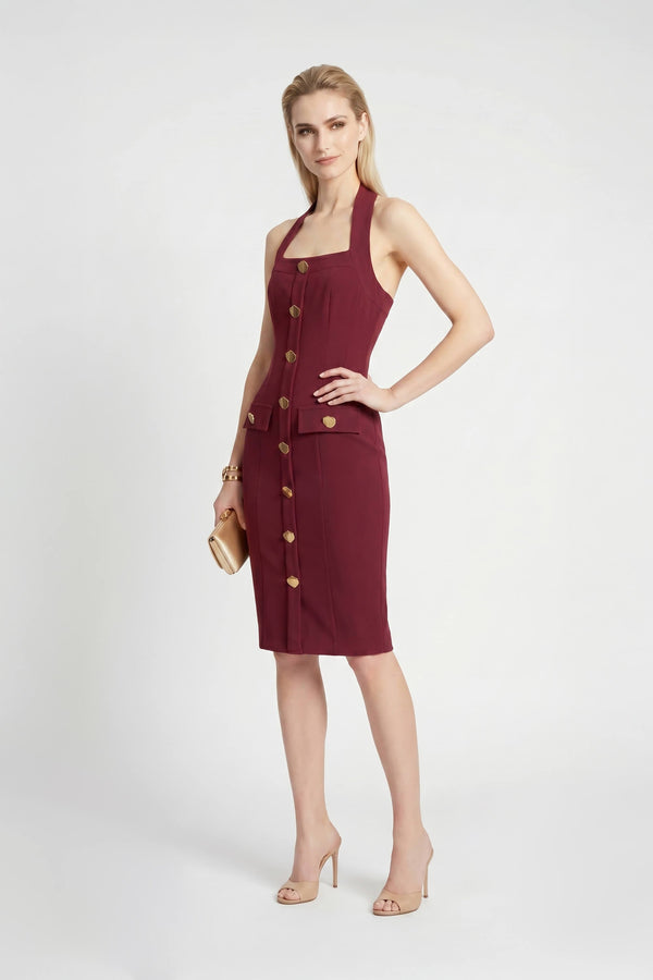 Cassandra Halter Buttoned Bodycon Dress - Reina Diaz