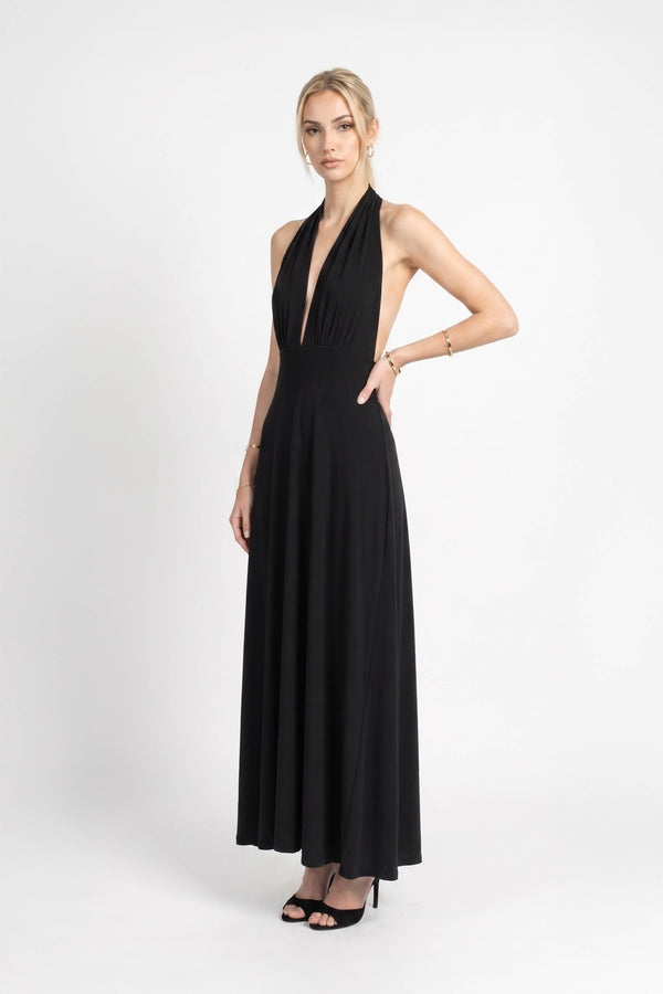 Cassandra Halter Plunging Maxi Vestido 723206 NEG - Reina Diaz