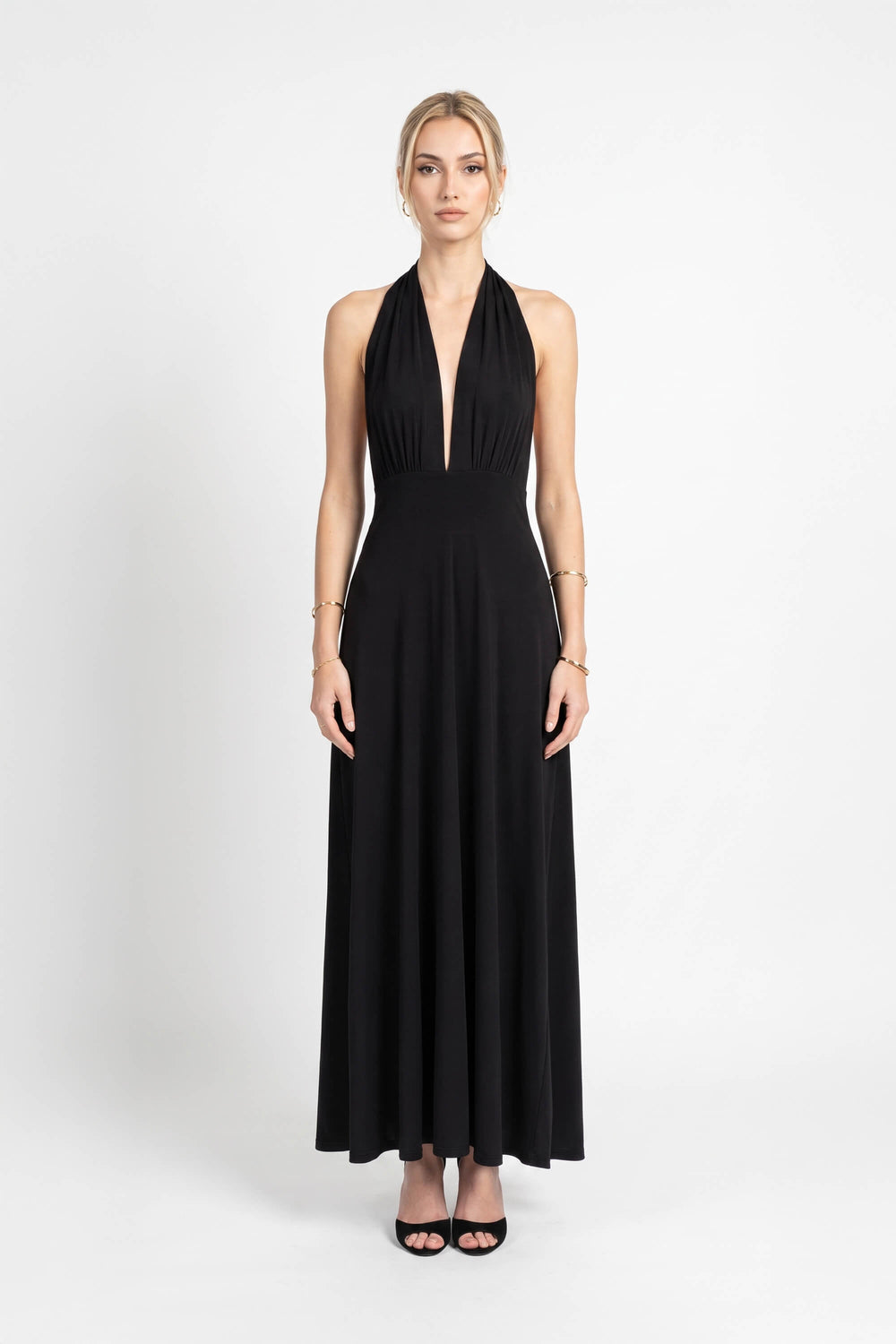Cassandra Halter Plunging Maxi Vestido 723206 NEG - Reina Diaz