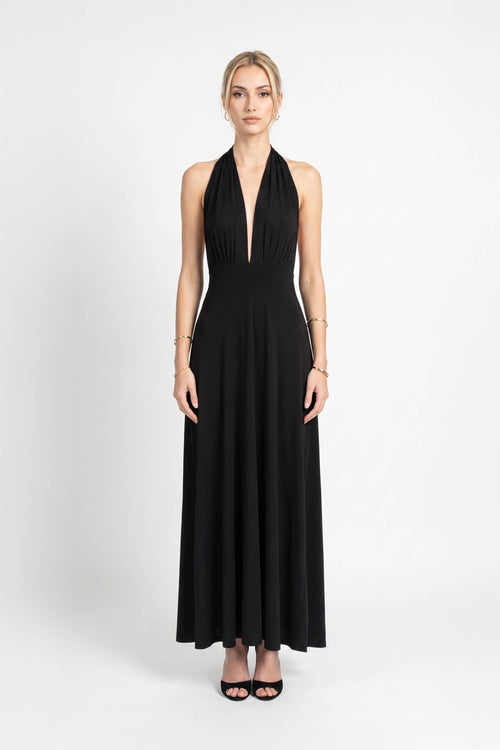 Cassandra Halter Plunging Maxi Vestido 723206 NEG - Reina Diaz