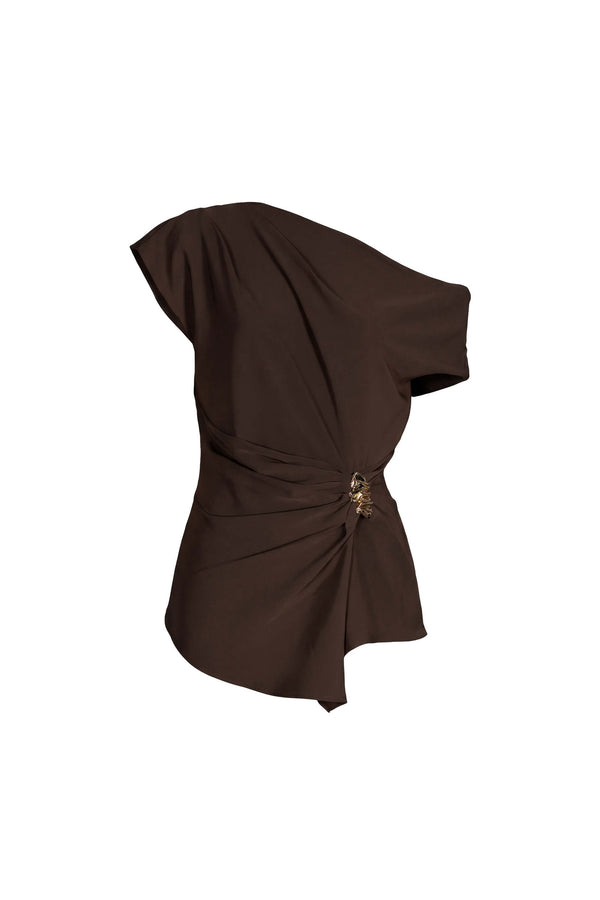 Cassandra One-Shoulder Draped Metal Buckle Blusa 554328 CAF - Reina Diaz