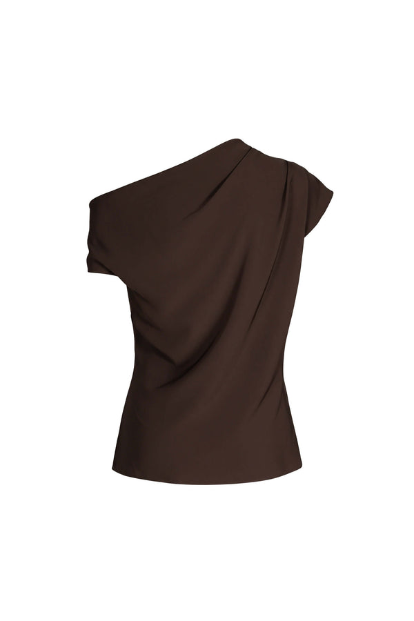 Cassandra One-Shoulder Draped Metal Buckle Blusa 554328 CAF - Reina Diaz
