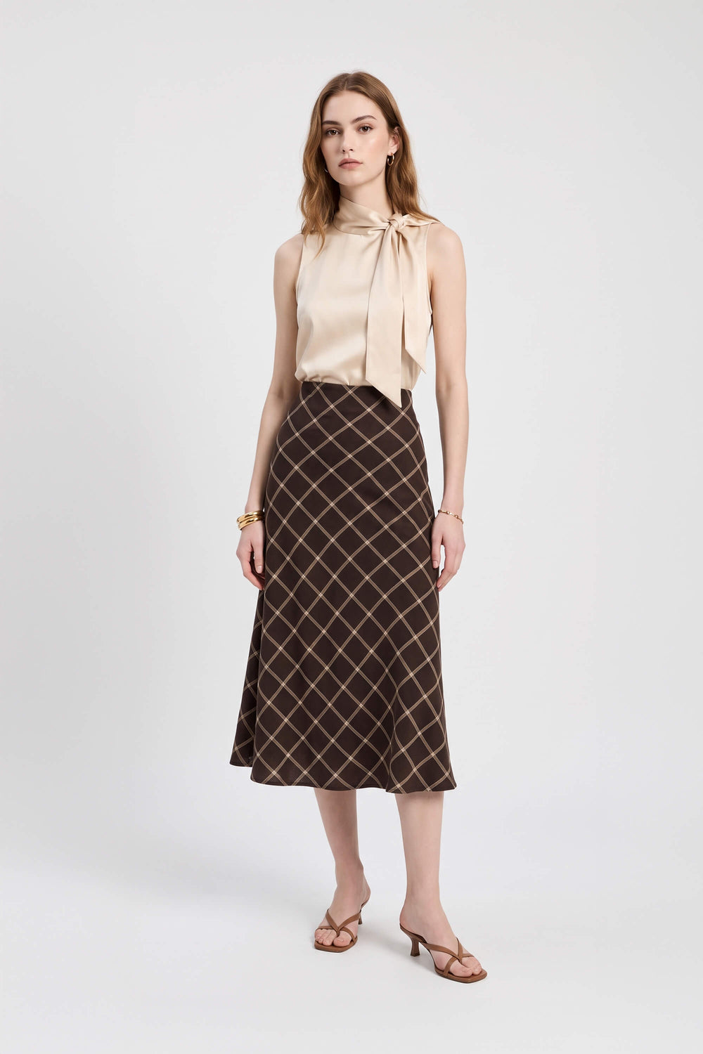 Cassandra Plaid High-Waist Midi Falda 740970 CAF - Reina Diaz