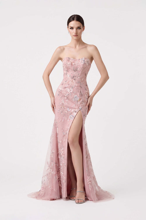 Cassandra Strapless Floral Beaded Vestido 421474 BLU - Reina Diaz