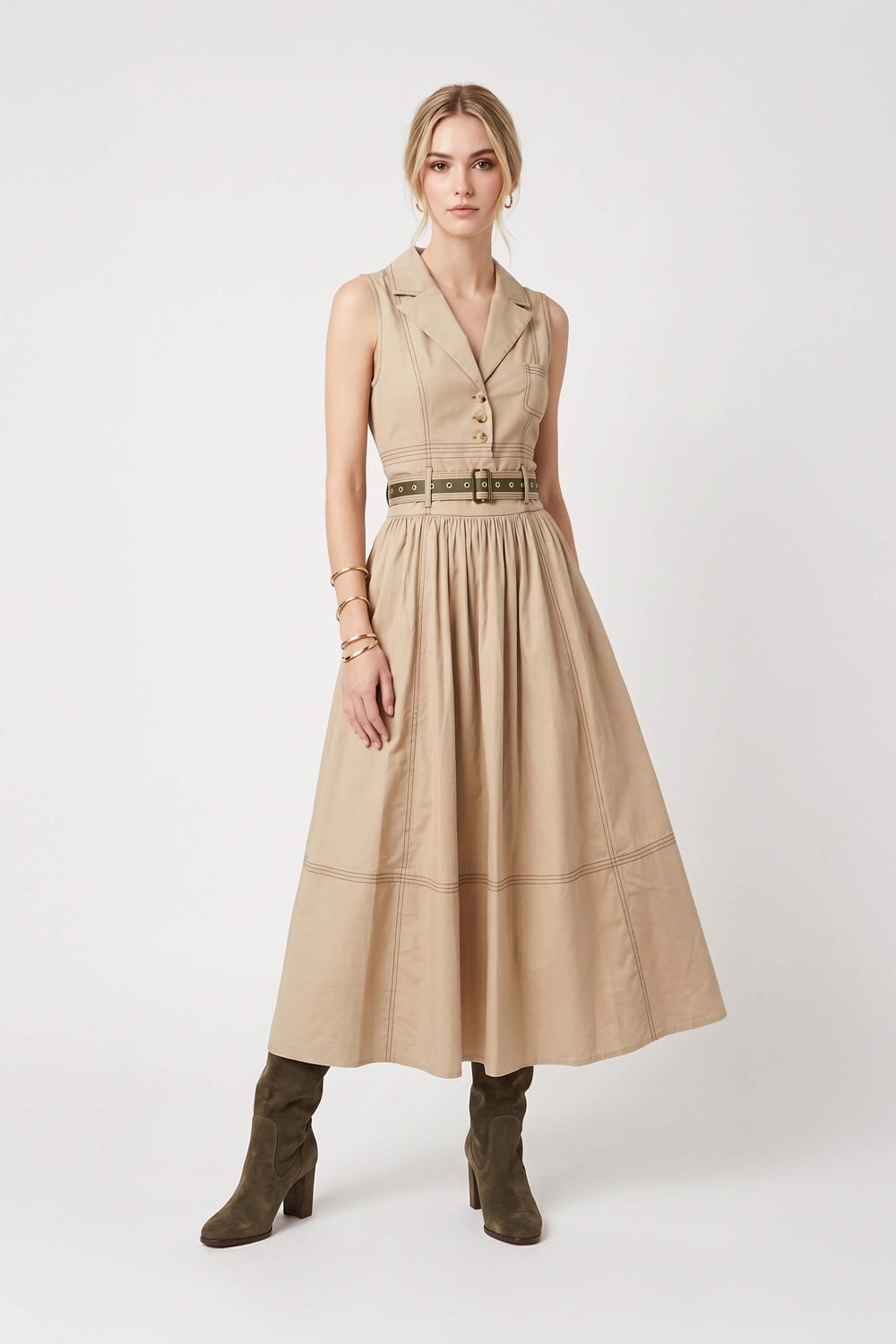 Claudia Belted Utility Sleeveless Midi Vestido 723145 KAK - Reina Diaz