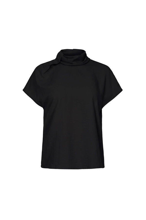 Elena Asymmetric High-Neck Short Sleeve Blusa 554331 NEG - Reina Diaz