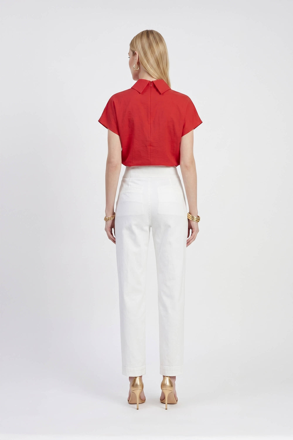 Elena Asymmetric High-Neck Short Sleeve Blusa 554331 ROJ - Reina Diaz