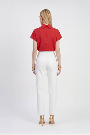 Elena Asymmetric High-Neck Short Sleeve Blusa 554331 ROJ - Reina Diaz