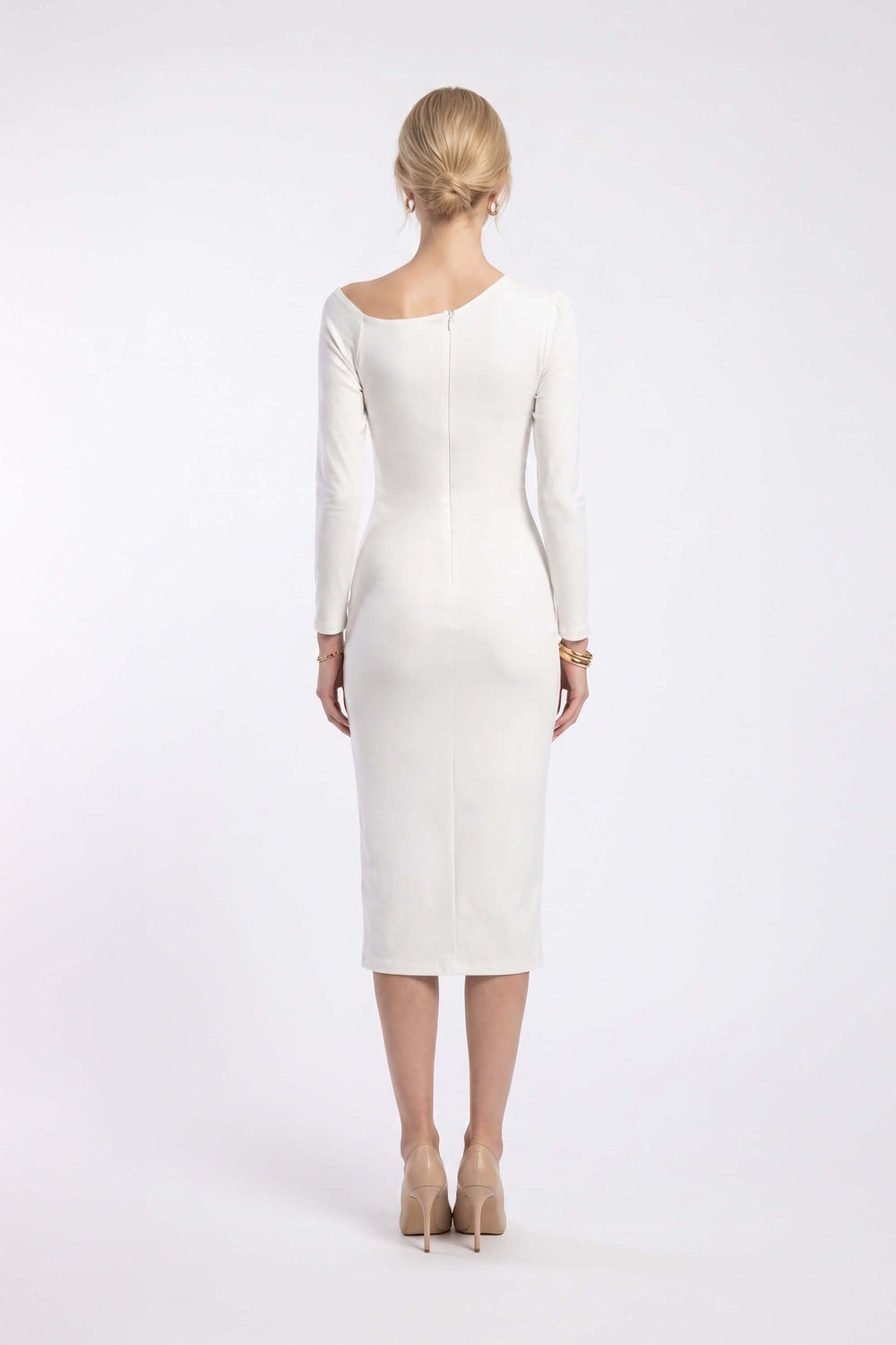 Elena Asymmetric Ruched Midi Vestido 526255 BCO - Reina Diaz