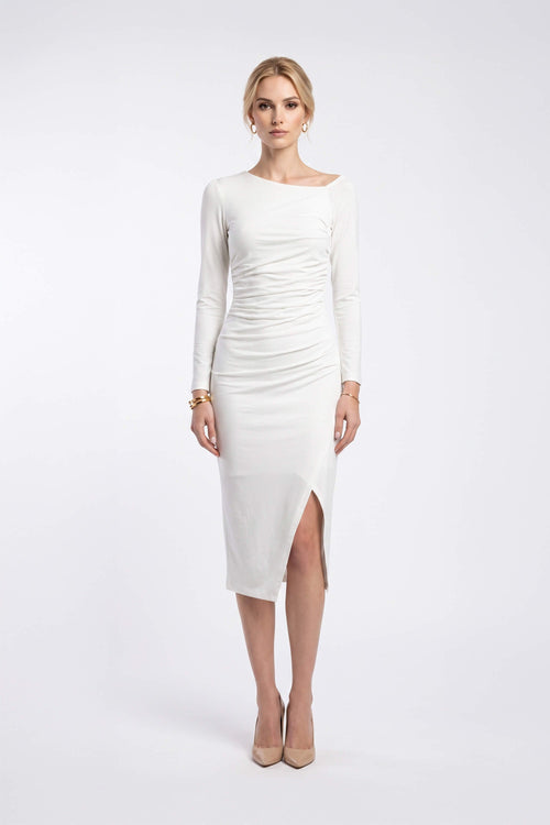Elena Asymmetric Ruched Midi Vestido 526255 BCO - Reina Diaz