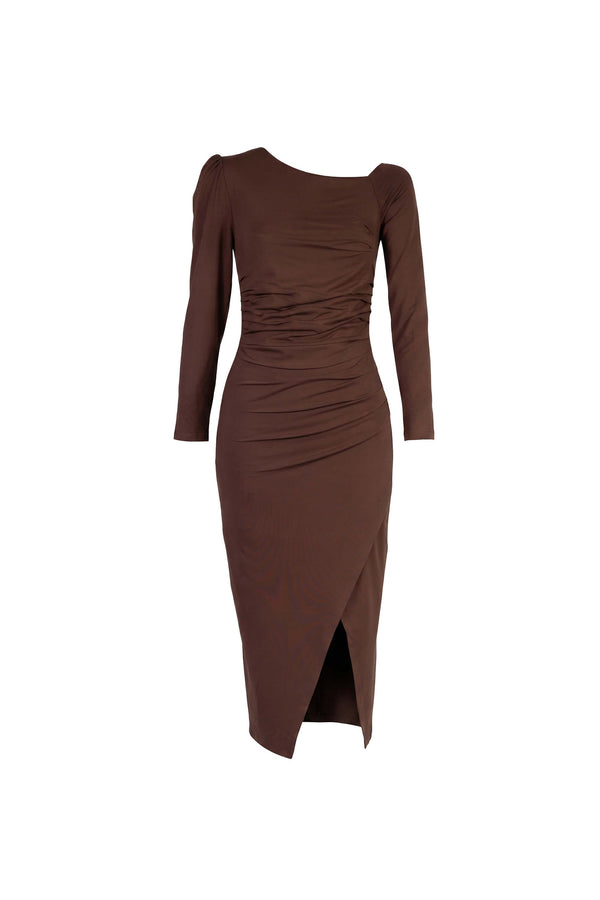 Elena Asymmetric Ruched Midi Vestido 526255 CAF - Reina Diaz
