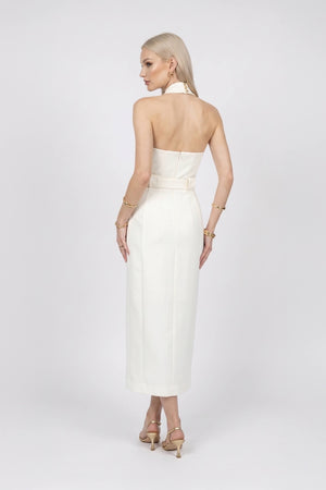 Elena Halter Wrap-Front Belted Midi Vestido 526272 HUE - Reina Diaz